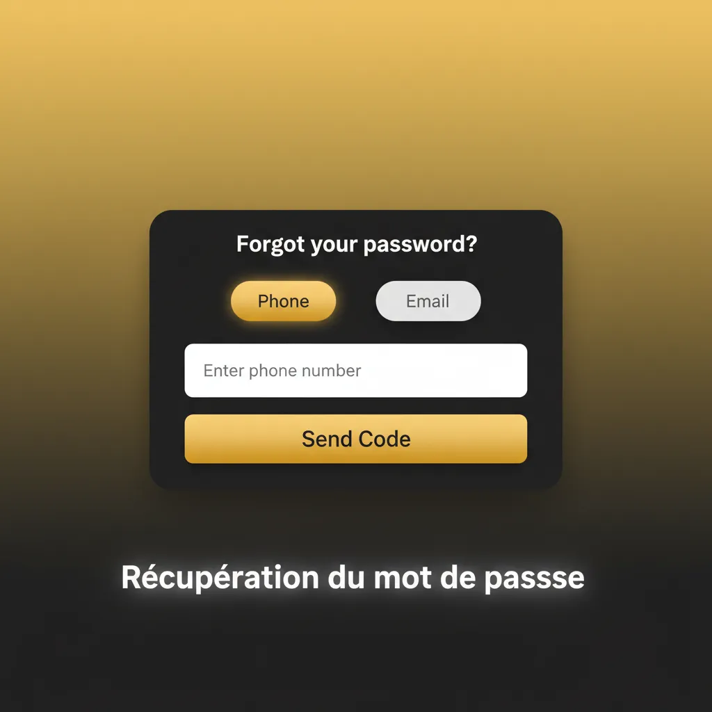 Écran de récupération du mot de passe avec étapes : Mot de passe oublié, e‑mail, lien, 2FA/codes de secours, mise à jour.